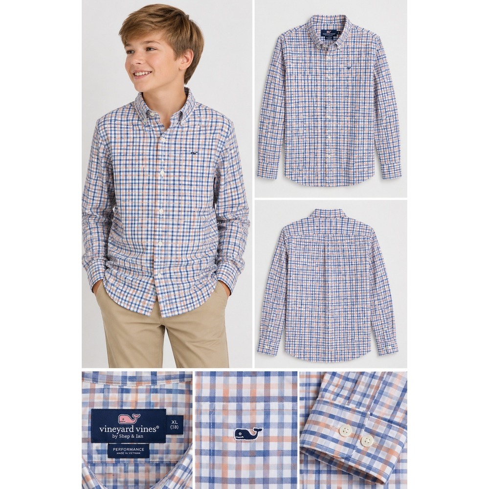 Vineyard Vines Shirt Boys XL Blue Peach Gingham Button Down Lightweight‎